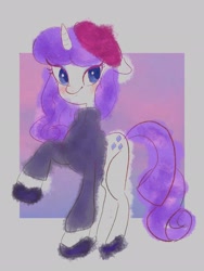 Size: 1536x2048 | Tagged: safe, artist:veryjelly123, rarity, pony, unicorn, g4, beatnik rarity, beret, clothes, female, hat, horn, mare, raised hoof, simple background, solo, sweater