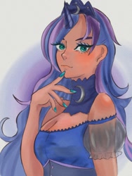 Size: 768x1024 | Tagged: safe, artist:veryjelly123, princess luna, human, g4, clothes, female, horn, horned humanization, humanized, looking at you, simple background, solo