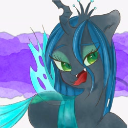 Size: 2048x2048 | Tagged: safe, artist:veryjelly123, queen chrysalis, changeling, changeling queen, g4, fangs, female, high res, looking at you, open mouth, sharp teeth, simple background, solo, teeth, tongue out, white background