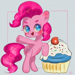 Size: 2048x2048 | Tagged: safe, artist:veryjelly123, pinkie pie, earth pony, pony, g4, cupcake, female, food, gray background, high res, mare, simple background, solo