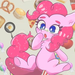 Size: 3024x3024 | Tagged: safe, artist:veryjelly123, pinkie pie, earth pony, pony, g4, apple, chest fluff, donut, female, food, high res, mare, pancakes, pizza, pretzel, solo