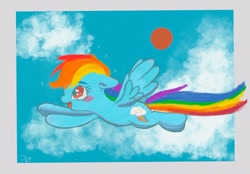 Size: 2048x1423 | Tagged: safe, artist:veryjelly123, rainbow dash, pegasus, pony, g4, cloud, female, flying, gray background, mare, simple background, solo, wings