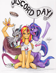Size: 1280x1668 | Tagged: safe, artist:masterdarhil, discord, sunset shimmer, twilight sparkle, alicorn, draconequus, pony, g4, the last problem, 2021, alicornified, arrow, clothes, cover art, design, discord day, fanfic art, female, food, frown, grumpy, male, mare, older, older twilight, older twilight sparkle (alicorn), open mouth, open smile, pie, princess twilight 2.0, race swap, shadow, shimmercorn, shirt, shirt design, signature, simple background, sitting, smiling, sunset shimmer is not amused, t-shirt, traditional art, trio, twilight sparkle (alicorn), unamused, watercolor painting, white background