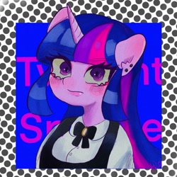 Size: 1637x1640 | Tagged: safe, artist:veryjelly123, twilight sparkle, anthro, g4, clothes, female, horn, looking at you, polka dot background, simple background, solo, white background