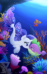 Size: 1685x2659 | Tagged: safe, artist:theretroart88, rarity, spike, fish, puffer fish, seapony (g4), starfish, unicorn, g4, my little pony: the movie, bioluminescent, blue eyes, blue mane, blushing, bubble, coral, crepuscular rays, digital art, dorsal fin, duo, eyelashes, eyeshadow, female, fins, fish tail, fishified, flowing mane, flowing tail, green eyes, high res, horn, interspecies, kiss on the lips, kissing, lidded eyes, logo, looking at each other, looking at someone, makeup, male, mare, ocean, reef, scales, seaponified, seapony rarity, seashell, seaweed, ship:sparity, shipping, smiling, smiling at each other, species swap, spike the pufferfish, straight, sunlight, swimming, tail, underwater, water, watermark