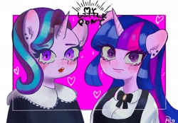 Size: 2048x1423 | Tagged: safe, artist:veryjelly123, starlight glimmer, twilight sparkle, unicorn, anthro, g4, duo, duo female, female, heart, horn, looking at you, mare, simple background, white background