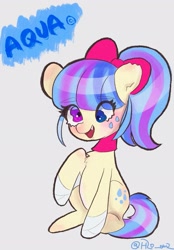 Size: 1423x2048 | Tagged: safe, artist:veryjelly123, oc, oc only, earth pony, pony, bandage, bow, choker, cross-eyed, derp, eye clipping through hair, female, gray background, hair bow, heterochromia, mare, raised hoof, simple background, sitting, solo, torn ear