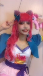 Size: 1440x2560 | Tagged: safe, artist:veryjelly123, pinkie pie, human, g4, clothes, cosplay, costume, irl, irl human, photo, pinkie pie plushie, plushie, solo