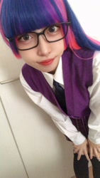 Size: 1440x2560 | Tagged: safe, artist:veryjelly123, twilight sparkle, human, g4, clothes, cosplay, costume, glasses, irl, irl human, photo, socks, solo, stockings, thigh highs, thigh socks