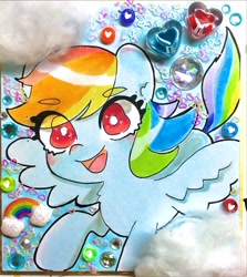 Size: 1870x2093 | Tagged: safe, artist:veryjelly123, rainbow dash, pegasus, pony, g4, eye clipping through hair, female, heart, mare, rainbow, solo, traditional art, wings