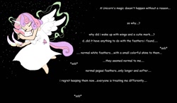 Size: 1152x674 | Tagged: safe, artist:applecider1412, sweetie belle, human, rabbit, g4, animal, crying, dialogue, eyes closed, feather, female, flying, horn, horned humanization, humanized, implied princess celestia, magic, night, plushie, sad, sleeping, stars, text, winged humanization, wings