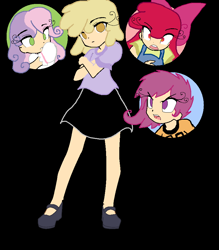 Size: 828x944 | Tagged: safe, artist:applecider1412, apple bloom, dinky hooves, scootaloo, sweetie belle, human, g4, angry, black background, bow, clothes, confused, crossed arms, cutie mark crusaders, frown, hair bow, humanized, shirt, shoes, simple background, skirt