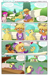 Size: 1536x2346 | Tagged: safe, artist:jeremy3, ms. harshwhinny, spike, sunshower raindrops, oc, oc:valentine, dragon, earth pony, pegasus, pony, unicorn, comic:behind me, g4, alternate universe, bench, clothes, comic, house, musical instrument, piano, ponyville