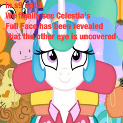 Size: 872x872 | Tagged: safe, edit, edited screencap, screencap, princess celestia, alicorn, big cat, lion, pony, rabbit, between dark and dawn, g4, season 9, alternate hairstyle, animal, clothes, ears, female, hawaiian shirt, mare, ponytail, shirt