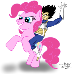 Size: 694x696 | Tagged: safe, artist:thetrippytippy, pinkie pie, earth pony, human, pony, g4, crossover, dragon ball, female, male, mare, rearing, riding a pony, signature, simple background, smiling, vegeta, white background