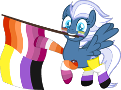 Size: 1229x908 | Tagged: safe, artist:yeetmedownthestairs, night glider, pegasus, pony, g4, clothes, comments locked down, commission, cute, face paint, flag, grin, lesbian pride flag, mouth hold, nonbinary, nonbinary pride flag, pride, pride flag, pride month, pride socks, raised hoof, raised leg, simple background, smiling, socks, solo, striped socks, tattoo, transparent background, ych result
