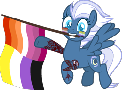 Size: 1229x908 | Tagged: safe, alternate version, artist:yeetmedownthestairs, night glider, pegasus, pony, g4, commission, cute, face paint, flag, grin, lesbian pride flag, mouth hold, nonbinary, nonbinary pride flag, pride, pride flag, pride month, raised hoof, raised leg, simple background, smiling, solo, tattoo, transparent background, ych result