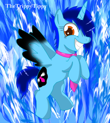 Size: 848x950 | Tagged: safe, artist:thetrippytippy, oc, oc only, oc:tiefly, alicorn, pony, female, flying, horn, mare, necktie, smiling, spread wings, wings