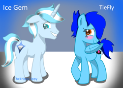 Size: 924x666 | Tagged: safe, artist:thetrippytippy, oc, oc only, oc:ice gem, oc:tiefly, pegasus, pony, unicorn, female, floppy ears, horn, male, mare, smiling, stallion, text, wings