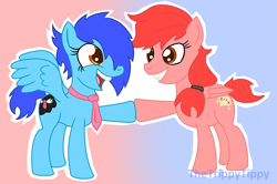 Size: 3700x2452 | Tagged: safe, artist:thetrippytippy, oc, oc only, oc:scarlet voyage, oc:tiefly, pegasus, pony, female, high res, hoofbump, mare, necktie, open mouth, smiling, spread wings, text, wings