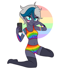Size: 2027x2093 | Tagged: safe, artist:cindystarlight, artist:idkhesoff, oc, oc only, oc:elizabat stormfeather, human, equestria girls, g4, base used, bedroom eyes, belly button, bisexual pride flag, bodypaint, bra, breasts, cellphone, clothes, equestria girls-ified, face paint, female, heart, high res, lesbian pride flag, nonbinary pride flag, pansexual pride flag, phone, pride, pride flag, pride month, rainbow, selfie, simple background, smartphone, socks, solo, stocking feet, stockings, thigh highs, transgender pride flag, underwear, white background