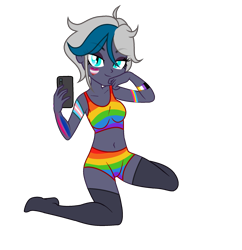 Size: 2027x2093 | Tagged: safe, alternate version, artist:cindystarlight, artist:idkhesoff, oc, oc only, oc:elizabat stormfeather, human, equestria girls, g4, base used, bedroom eyes, belly button, bisexual pride flag, bodypaint, bra, breasts, cellphone, clothes, equestria girls-ified, face paint, female, heart, high res, lesbian pride flag, nonbinary pride flag, pansexual pride flag, phone, pride, pride flag, pride month, rainbow, selfie, simple background, smartphone, socks, solo, stocking feet, stockings, thigh highs, transgender pride flag, transparent background, underwear