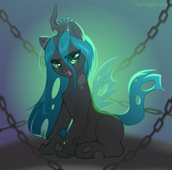 Size: 2740x2705 | Tagged: safe, artist:monstrum, queen chrysalis, changepony, hybrid, pony, g4, chains, crown, cute, cutealis, eye clipping through hair, fangs, high res, horn, jewelry, open mouth, ponified, regalia, sketch, solo, species swap