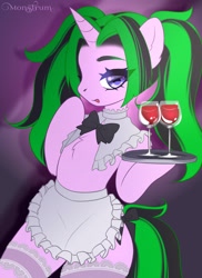 Size: 2324x3190 | Tagged: safe, artist:monstrum, oc, pony, semi-anthro, arm hooves, clothes, commission, green hair, high res, horn, lace, looking at you, maid, smiling, stockings, thigh highs, waitress