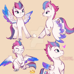 Size: 1280x1280 | Tagged: safe, artist:cloudpeakskate, zipp storm, pegasus, pony, g5, my little pony: a new generation, cloven hooves, colored wings, crown, deviantart watermark, doodle, female, jewelry, mare, obtrusive watermark, regalia, simple background, solo, spread wings, tan background, watermark, wings