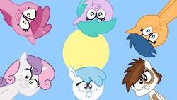 Size: 1280x720 | Tagged: safe, aura (g4), cotton cloudy, first base, pipsqueak, ruby pinch, sweetie belle, earth pony, pegasus, pony, unicorn, .mov, apple.mov, g4, adorabase, alternate mane six, alternate universe, aurabetes, colt, cottonbetes, cute, diasweetes, female, filly, foal, frown, hotdiggedydemon-ish, huddle shot, male, pegasus first base, pinchybetes, pony.mov, race swap, rule 63, sky, squeakabetes, sun
