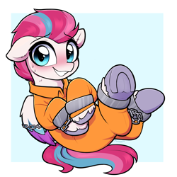 Size: 3000x3000 | Tagged: safe, artist:moozua, zipp storm, pegasus, pony, g5, blushing, bound wings, chains, clothes, commission, cuffed, cuffs, grin, high res, nervous, nervous smile, never doubt rainbowdash69's involvement, prison outfit, prisoner, prisoner zipp, smiling, solo, sweat, sweatdrop, underhoof, wings