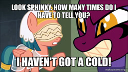 Size: 800x450 | Tagged: safe, edit, edited screencap, screencap, somnambula, the sphinx, sphinx, daring done?, g4, blindfold, caption, image macro, looney tunes, text