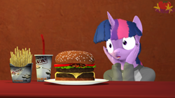 Size: 3840x2160 | Tagged: safe, artist:marianokun, twilight sparkle, anthro, g4, 3d, burger, chips, clothes, food, french fries, hamburger, hands on cheeks, high res, soda, solo, source filmmaker, surprised, twilight burgkle