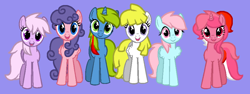 Size: 945x354 | Tagged: safe, artist:jigglewiggleinthepigglywiggle, galaxy (g1), lickety-split, north star (g1), ribbon (g1), surprise, wind whistler, earth pony, pegasus, pony, twinkle eyed pony, unicorn, g1, g4, adoraprise, base used, blue eyes, curly hair, curly mane, curly tail, cute, female, folded wings, g1 licketybetes, g1 to g4, galaxydorable, generation leap, green eyes, hugpony poses, magenta eyes, mare, multicolored hair, multicolored mane, multicolored tail, northabetes, open mouth, open smile, pink eyes, pink hair, pink mane, pink tail, purple background, purple eyes, purple hair, purple mane, purple tail, ribbondorable, simple background, smiling, straight hair, straight mane, straight tail, tail, team, whistlerbetes, wings, yellow hair, yellow mane, yellow tail