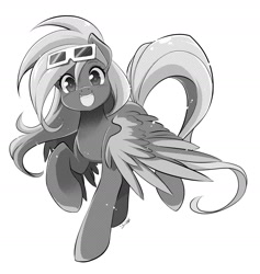 Size: 1500x1585 | Tagged: safe, artist:nekoshiei, oc, oc only, oc:rainbowbacon, pegasus, pony, 3d glasses, female, looking at you, mare, monochrome, open mouth, simple background, smiling, smiling at you, solo, white background