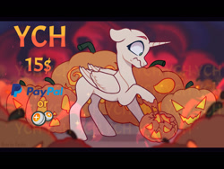 Size: 1280x960 | Tagged: safe, artist:fenix-artist, oc, oc only, alicorn, pony, alicorn oc, commission, halloween, holiday, horn, jack-o-lantern, pumpkin, raised hoof, scared, solo, wings, your character here