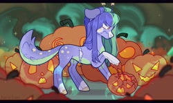 Size: 1440x861 | Tagged: safe, artist:fenix-artist, oc, oc only, earth pony, pony, commission, earth pony oc, female, floppy ears, halloween, holiday, jack-o-lantern, mare, pumpkin, raised hoof, scared, ych result