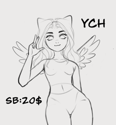 Size: 1207x1295 | Tagged: safe, artist:fenix-artist, oc, oc only, pegasus, anthro, clothes, commission, female, lineart, monochrome, peace sign, pegasus oc, smiling, solo, your character here