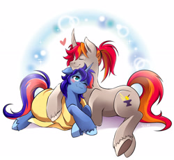 Size: 3544x3264 | Tagged: safe, artist:nekoshiei, oc, oc only, oc:ironfire, oc:ryo, pony, unicorn, blanket, blushing, eyes closed, female, high res, iryo, male, mare, oc x oc, one eye closed, ponytail, shipping, simple background, smiling, stallion, straight, unshorn fetlocks, white background