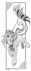 Size: 1565x3518 | Tagged: safe, artist:nekoshiei, oc, oc only, pony, unicorn, female, long tail, looking at you, mare, monochrome, solo, tail