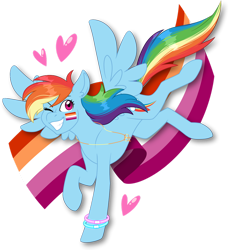 Size: 1280x1398 | Tagged: safe, artist:hazardous-andy, rainbow dash, pegasus, pony, g4, 2021, bracelet, face paint, female, flying, gritted teeth, headcanon, heart, jewelry, lesbian, lesbian pride flag, lesbian symbol, looking at you, looking back, looking back at you, mare, necklace, one eye closed, pride, pride flag, sexuality headcanon, simple background, solo, spread wings, teeth, transparent background, wings, wink