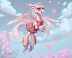 Size: 2475x2000 | Tagged: safe, artist:tinydd, oc, oc:ophelia, hippogriff, cherry blossoms, clothes, flower, flower blossom, flying, high res, pastel, pink, school uniform, solo