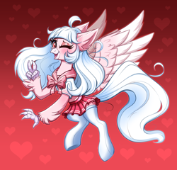 Size: 3772x3616 | Tagged: safe, artist:confetticakez, oc, oc only, oc:ophelia, classical hippogriff, hippogriff, clothes, cute, female, fluffy, flying, heart, high res, hippogriff oc, leggings, looking at you, one eye closed, peace sign, pink, school uniform, skirt, socks, solo, talons, thigh highs, wink, winking at you