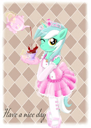 Size: 1600x2259 | Tagged: safe, artist:avchonline, lyra heartstrings, unicorn, semi-anthro, g4, arm hooves, ballerina, ballet slippers, bipedal, blushing, breasts, busty lyra heartstrings, canterlot royal ballet academy, clothes, cup, cute, dress, eyelashes, female, food, gloves, jewelry, looking at you, lyrabetes, magic, magic aura, magic glow, one eye closed, plate, smiling, smiling at you, socks, solo, stockings, tea, teacup, teapot, telekinesis, thigh highs, tiara, tutu, wink, winking at you