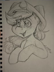 Size: 1536x2048 | Tagged: safe, artist:midnightpremiere, applejack, earth pony, pony, g4, grayscale, monochrome, open mouth, open smile, pencil drawing, smiling, solo, traditional art