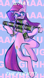 Size: 750x1334 | Tagged: safe, artist:atxmic, pinkie pie, earth pony, pony, g4, bipedal, can, caption, drink, female, mare, monster energy, pinkamena diane pie, sad, simple background, solo, song reference, sparkly mane, straight hair, text, wingding eyes