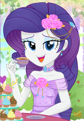 Size: 688x986 | Tagged: safe, artist:fluttershy_art.nurul, rarity, equestria girls, bare shoulders, beautiful, bracelet, chains, clothes, cup, cupcake, dress, ear piercing, earring, eyeshadow, flower, food, garden, gold, gown, jewelry, lady, looking at you, makeup, necklace, piercing, purple hair, rose, solo, tea, tea party, teacup