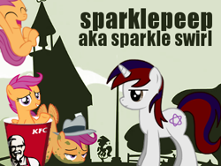 Size: 400x300 | Tagged: safe, artist:sparklepeep, scootaloo, oc, oc:sparkle swirl, pegasus, pony, unicorn, g4, eyes closed, female, filly, flying, foal, frown, hat, hooves in air, horn, kfc, mare, mud, ponyville schoolhouse, sad, school, scootachicken, scootaloo can't fly, smiling, spread wings, unamused, wings