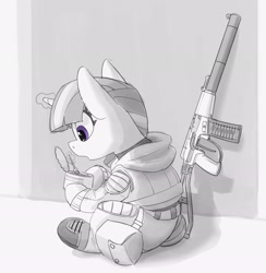 Size: 2678x2741 | Tagged: safe, artist:pabbley, twilight sparkle, pony, unicorn, g4, armor, as val, boots, eating, female, food, fork, grayscale, gun, high res, hood, magic, mare, monochrome, partial color, rifle, s.t.a.l.k.e.r., shoes, sitting, solo, stew, telekinesis, tin can, unicorn twilight, weapon