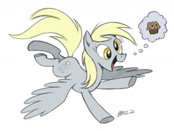 Size: 1600x1200 | Tagged: safe, artist:mellodillo, derpy hooves, pegasus, pony, g4, commission, cute, derpabetes, female, flying, happy, mare, open mouth, open smile, simple background, smiling, solo, spread wings, thought bubble, white background, wings